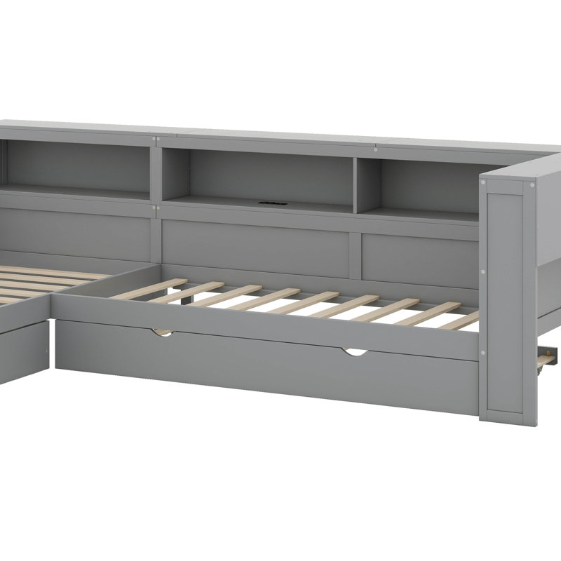 Lit plateforme simple en L en forme de L avec lit gigogne et tiroir, cadre de lit en bois massif pour 2 personnes, Gris