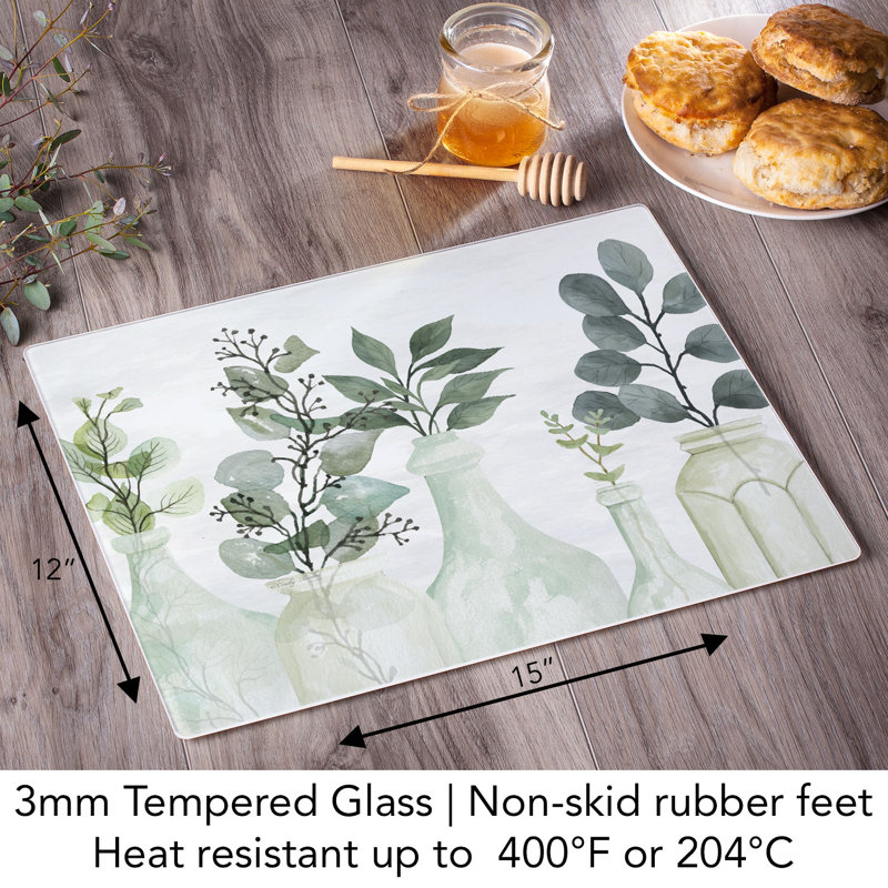Nature's Greenery Tempered Glass Rectangular Cutting Board