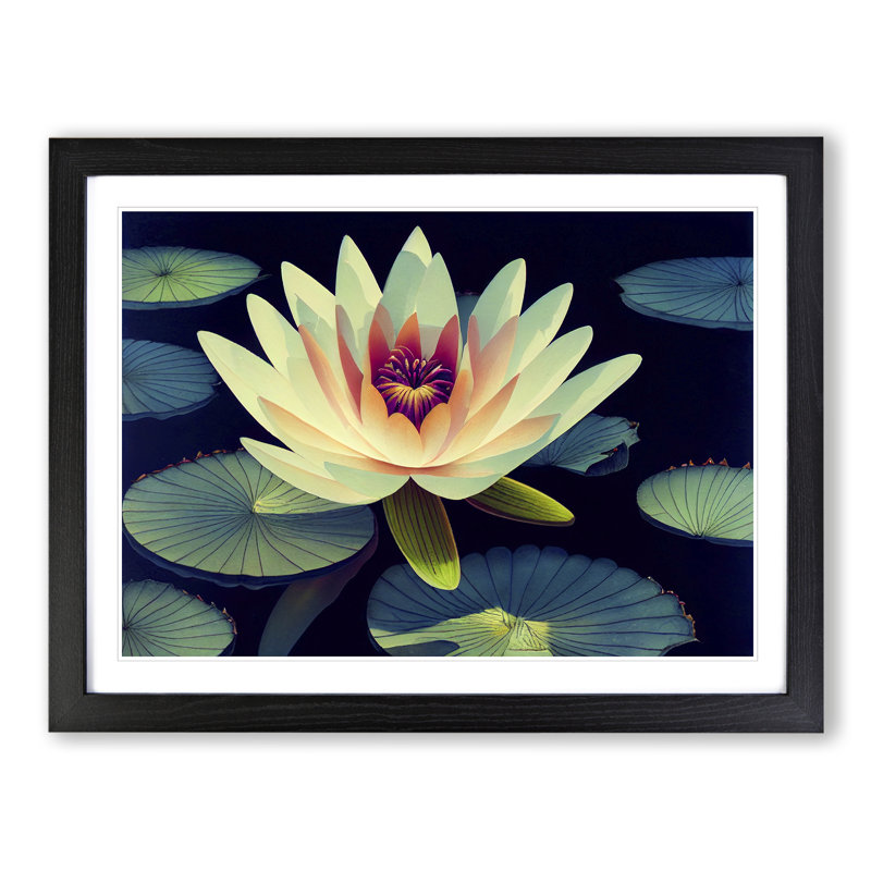 King Water Lily Flower - Single Picture Frame Painting, Black, 25cm H x 34cm W x 2cm D