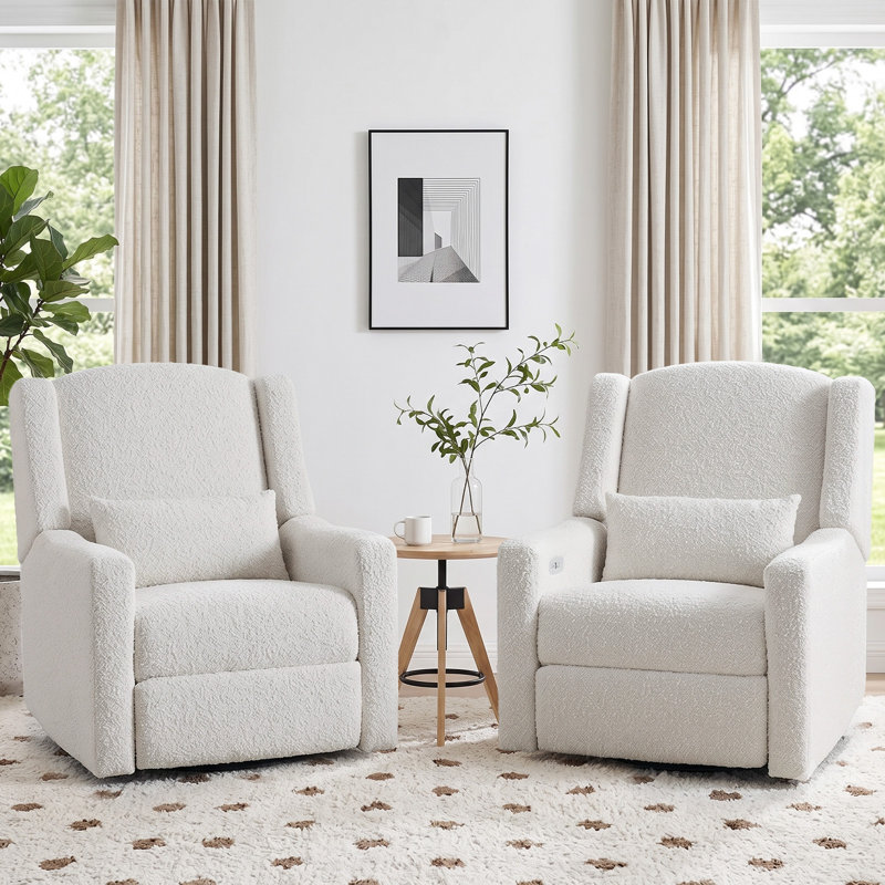 Ivory Bouclé Power Recliner With USB Charging – Modern Wingback Armchair For Living Room Or Nursery -Beige（Set Of 2）