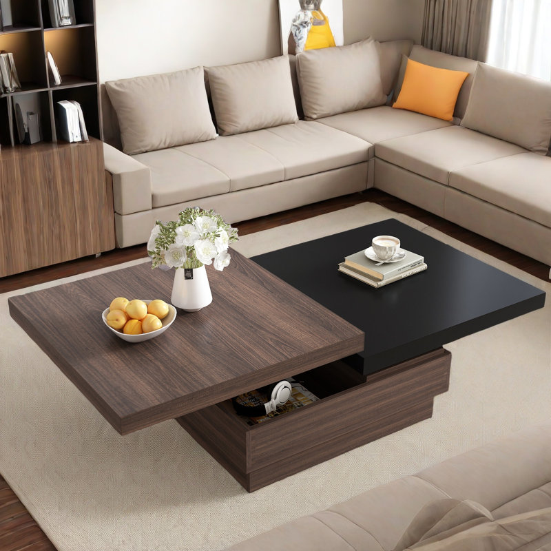 Mohite Modern Square Coffee Table with Rotatable Top, Two Colors Matching and 1 Hidden Storage Space, Black/Brown