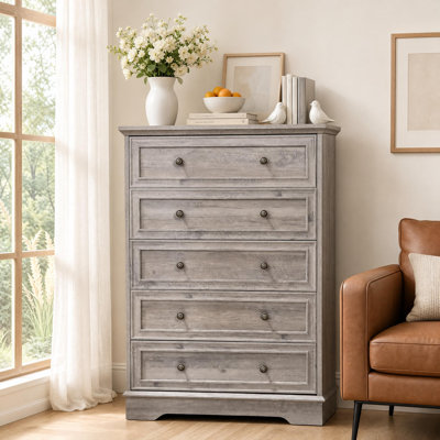 5-Drawers Dresser for Bedroom , Wood Rustic Tall Chest of Drawers with Vintage Design, Farmhouse Closet Organizer for Bedroom, Living Room, Hallway, Grey