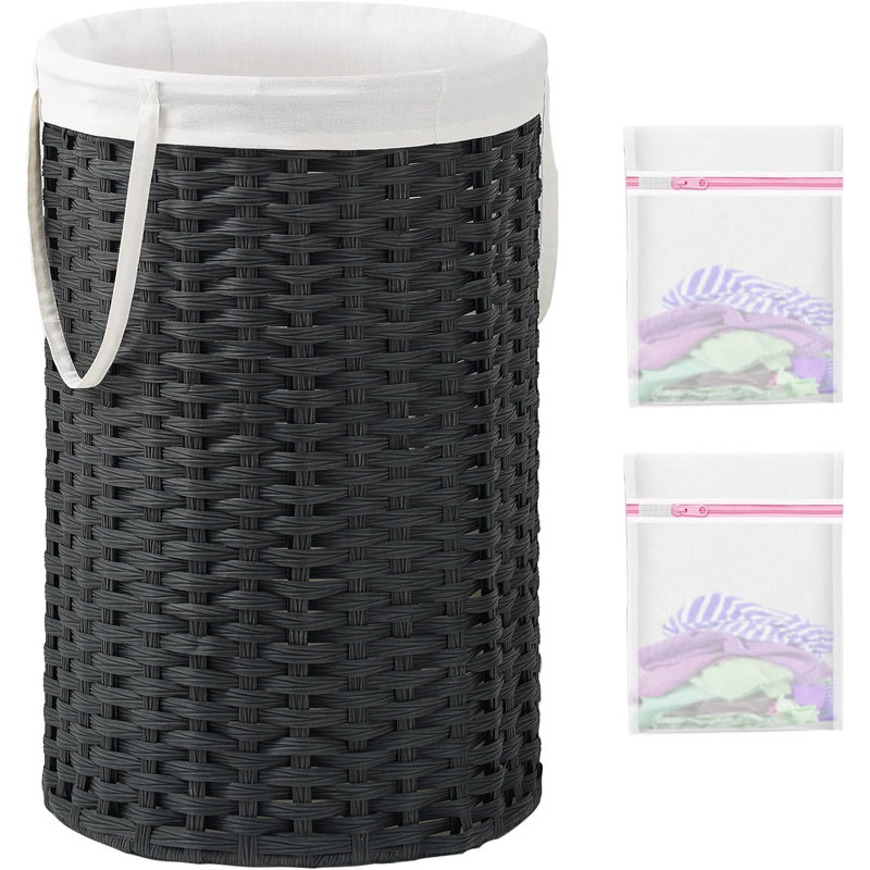 Large Woven Laundry Hamper Basket With Removable Liner And Handles - Handwoven Rattan Design, Sturdy Metal Frame, Foldable For Space Saving, Includes 2 Mesh Bags For Organization