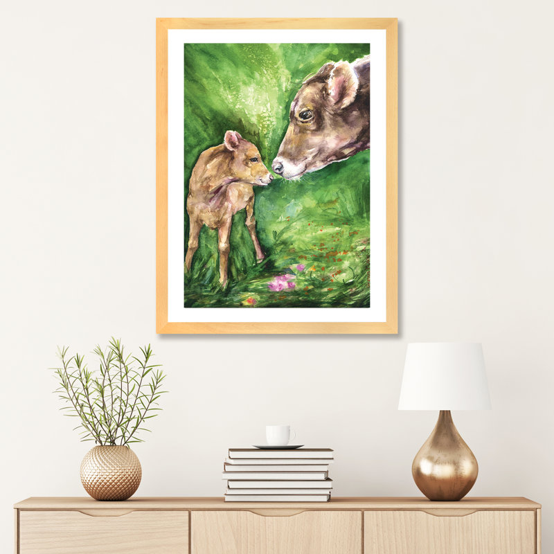 Vache et bébé, décoration murale pour enfants, H 24 po x l 16 po x P 1 po, Papier encadré naturel