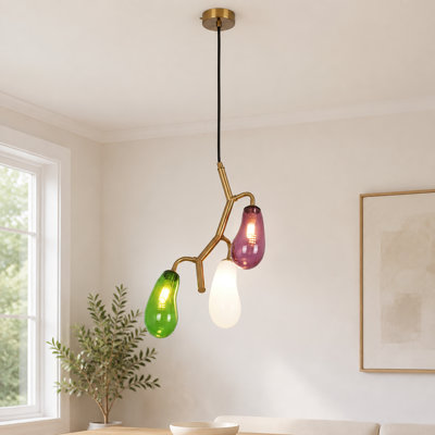 Luminaire suspendu en verre coloré 3 lumières avec abat-jour en forme de goutte