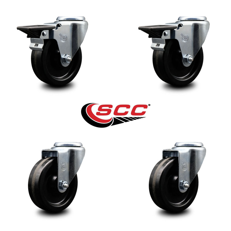 4 Inch Phenolic Wheel Swivel Bolt Hole Caster Set with 2 Posi Lock Brakes SCC