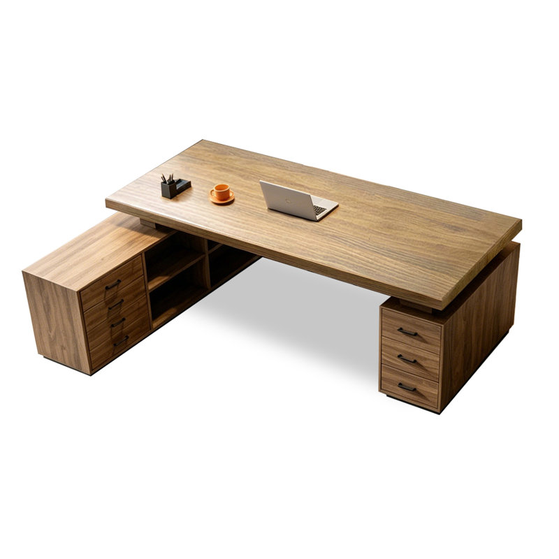 Bureau de direction en L en bois massif noyer clair avec tiroirs, 29.53" H x 70.79" W x 51.18" D, Left Hand Return