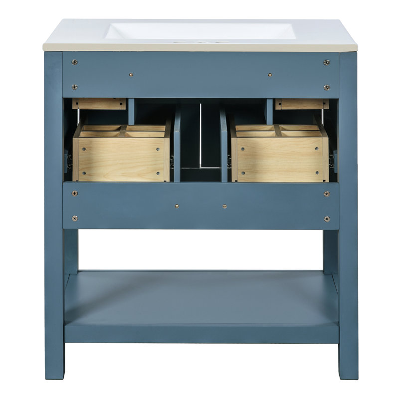 Meuble-lavabo de 60 po avec lavabo en céramique, apparence moderne bleue et dorée, rangement à 10 tiroirs, ensemble de meuble-lavabo simple 60 po