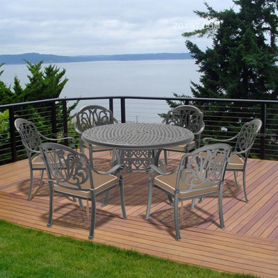 7-Piece Set Of Cast Aluminum Patio Furniture With Black Frame And Brown Seat Cushions(Same As: W1710S00482)