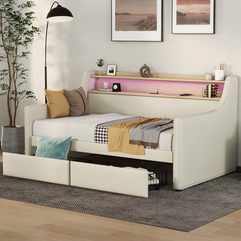 Twin Size Daybed With Storage Drawers, Upholstered Daybed With Charging Station And LED Lights, Beige