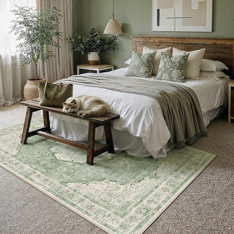 Aurea Vintage Distressed Medallion Washable Area Rug With Non-Slip Backing, Rectangle 6' x 9', Green