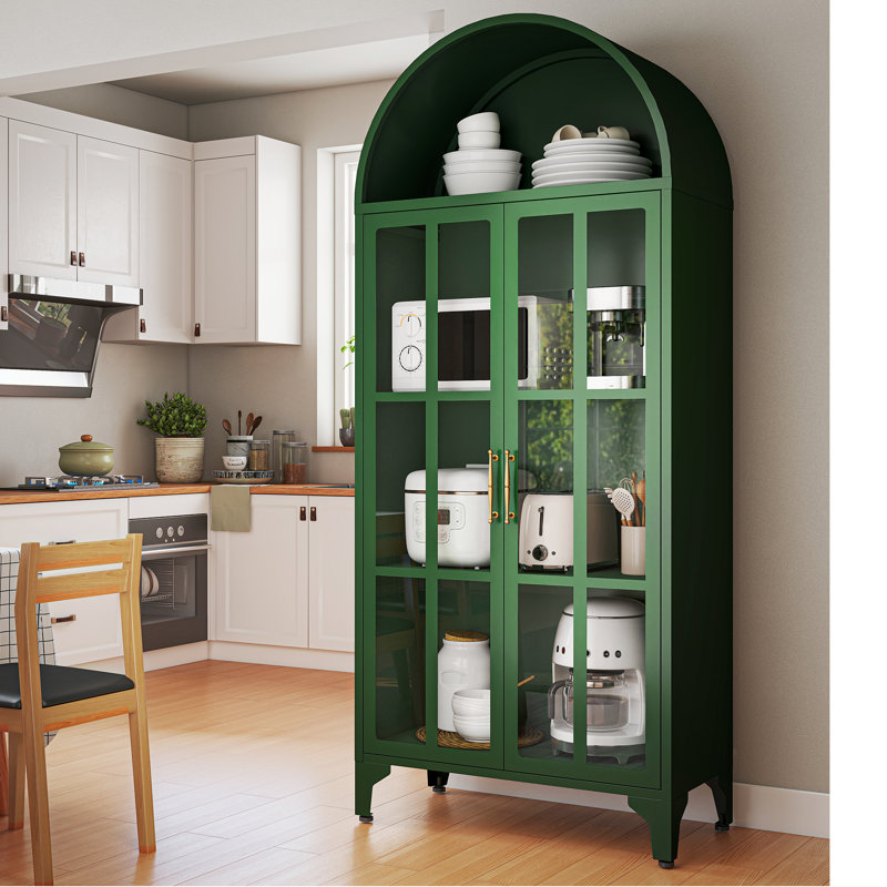 Vitrine de rangement arquée en métal 73,6 "avec tablettes réglables et portes en verre, Vert