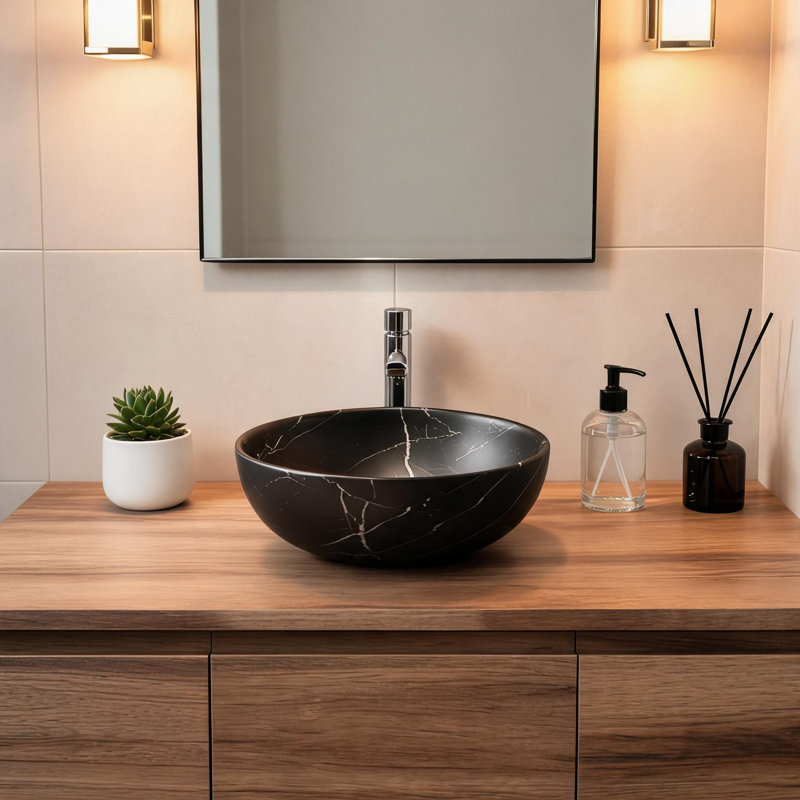 Vasque de salle de bain en céramique noire mat de 35,5 cm (14 pouces) avec motif de pierre et sans robinet