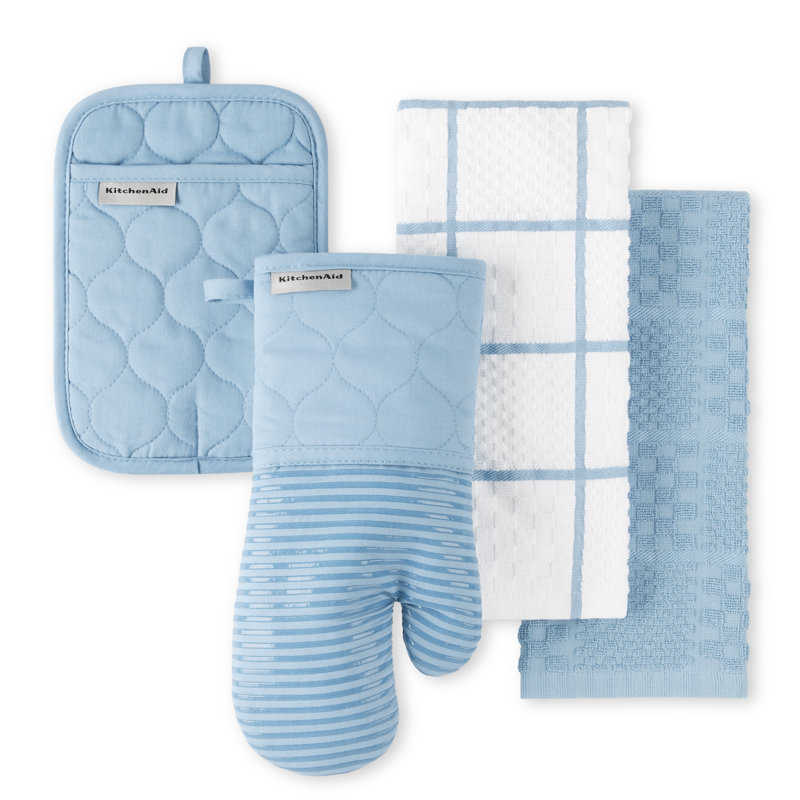 Ensemble de 4 serviettes de cuisine matelassées, gant de cuisine et poignées KitchenAid, Velours bleu