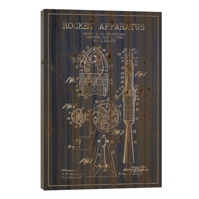 «Rocket Apparatus», brevet bleu marine sur bois par Aged Pixel Print, H 40 po x l 26 po x P 1,5 po
