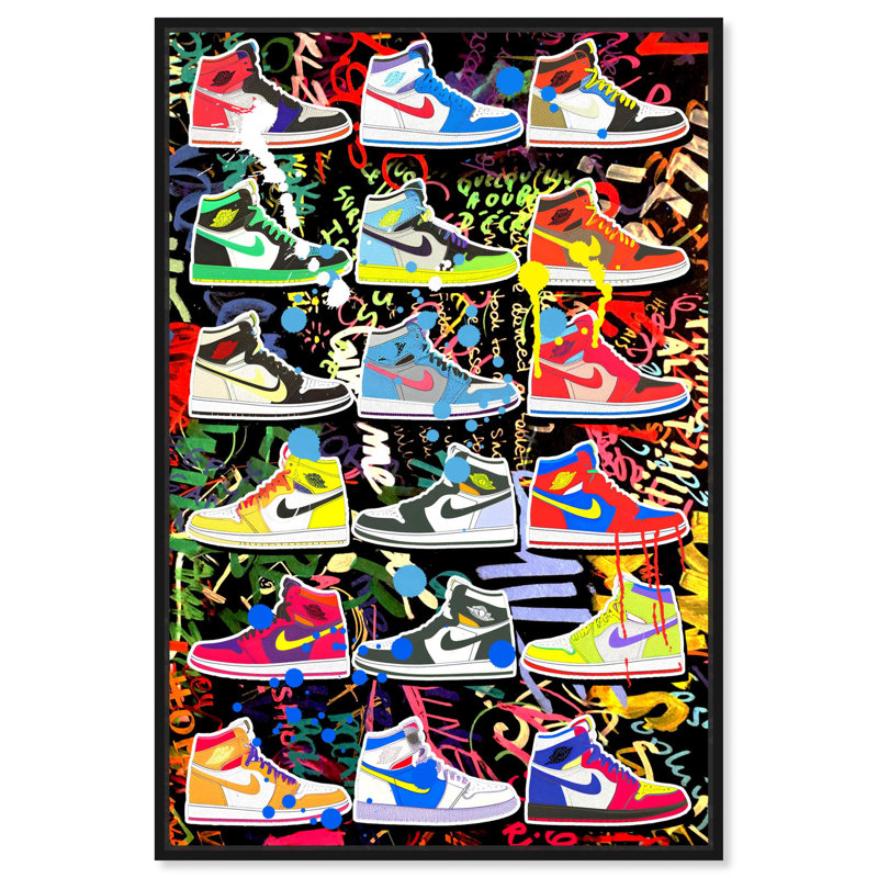 "Bold Sneaker Collection", art urbain graffiti sur toile par Notoriart, Cadre noir, H 25 po x l 17 po