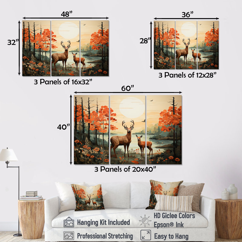 «Deer Family In The Woods I», art mural animal cerf, H 28 po x l 36 po