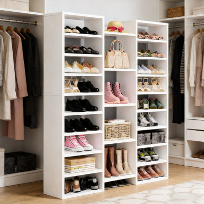 Étagère à chaussures blanche autoportante avec 23 tablettes et rangement sécuritaire et polyvalent dans le vestibule, la chambre à coucher, le salon pour différents articles