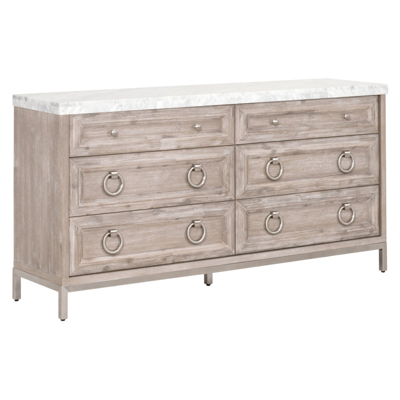 Commode double en bois massif à 6 tiroirs 71 po Fitz, Gris naturel
