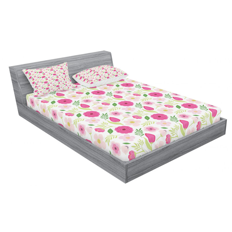 Microfiber Floral Fitted Sheet, Queen Fitted Sheet with 2 Pillowcases