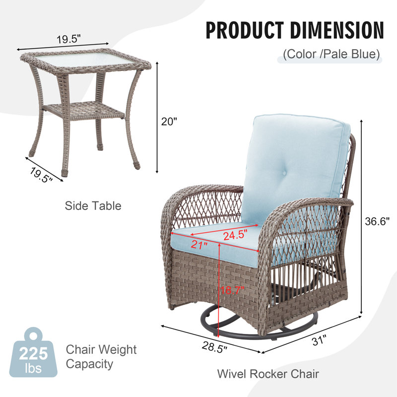 Ensemble de conversation en osier pour l'extérieur 6 pièces - 4 chaises pivotantes et 2 tables d'appoint avec coussins en tissu doux