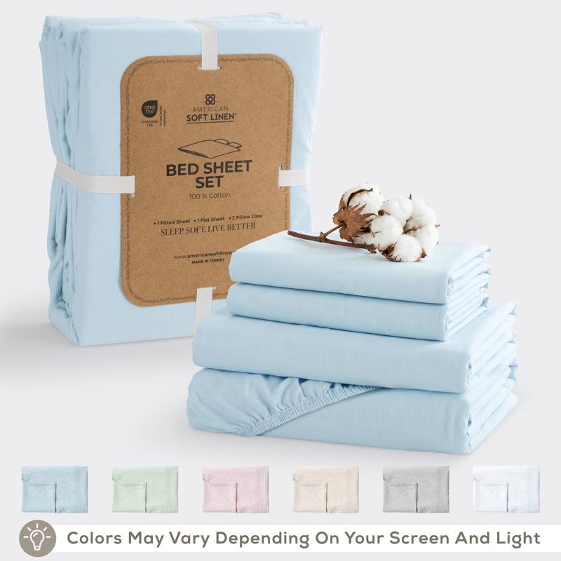100% Washed Cotton Percale Sheet Set - Includes 1 Flat Sheet, 1 Fitted Sheet and 2 Pillowcases, Ice Blue