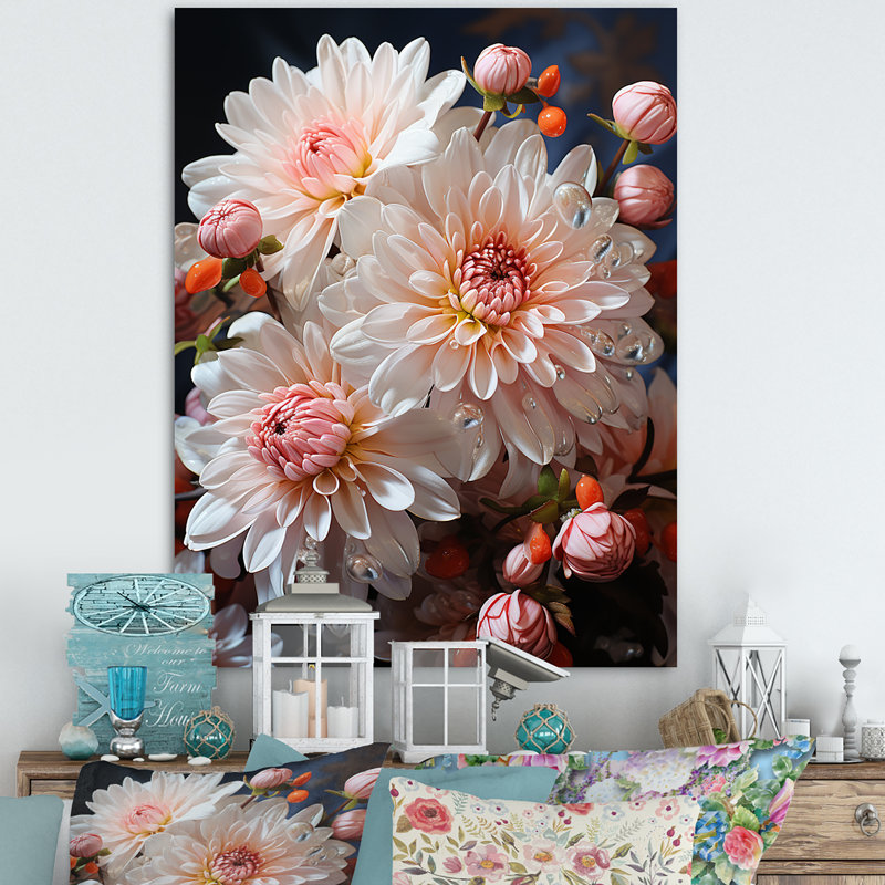 Rose et blanc, floraison de chrysanthèmes, art mural - Chrysanthèmes, H 40 po x l 30 po x P 1,5 po, Toile tendue