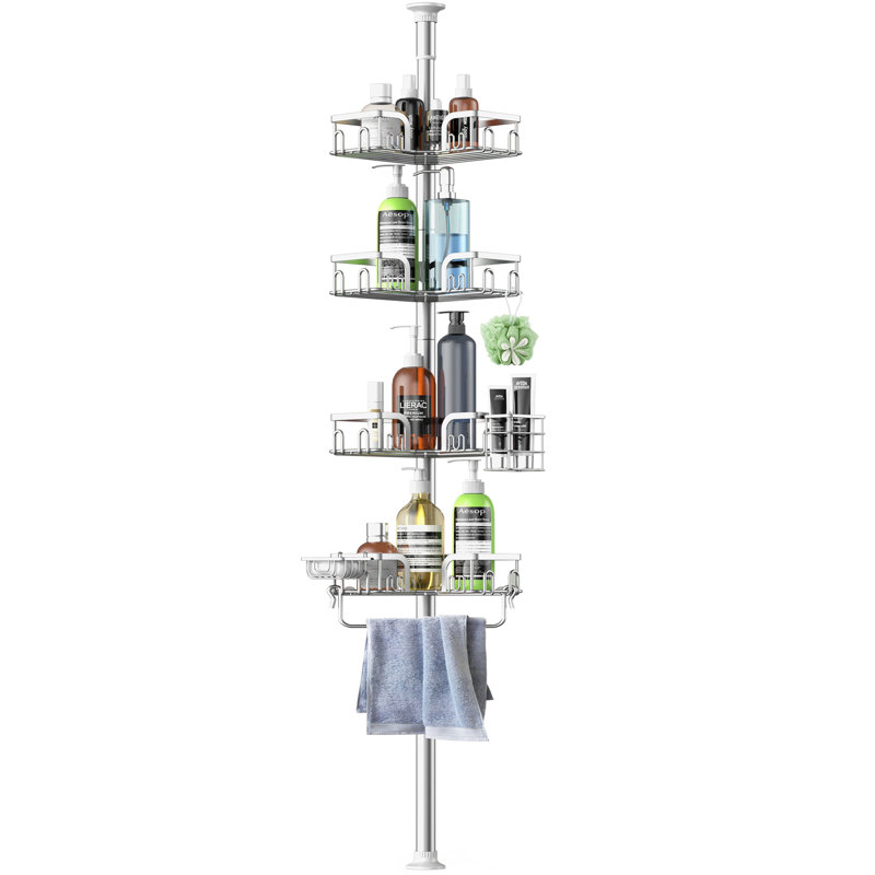 Serviteur de douche à 4 niveaux à poteau de tension en acier inoxydable argenté, organisateur d'angle à hauteur réglable pour baignoire et douche simple