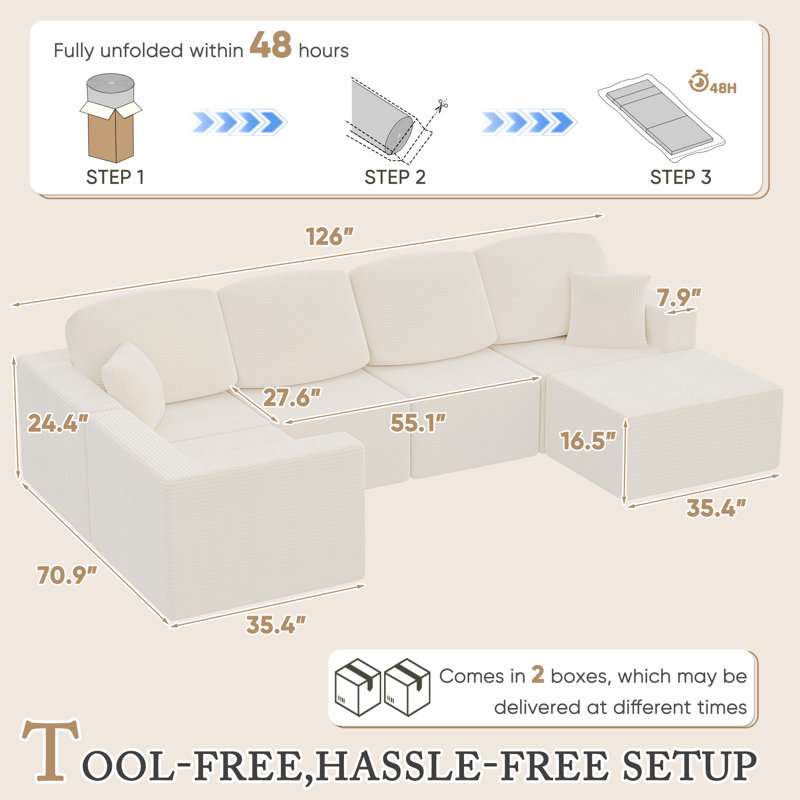 126'' Boneless L-Shaped Modular Sectional Couch, Cloud U-Shaped Sectional Sofa with Wide Armrest, Beige Corduroy