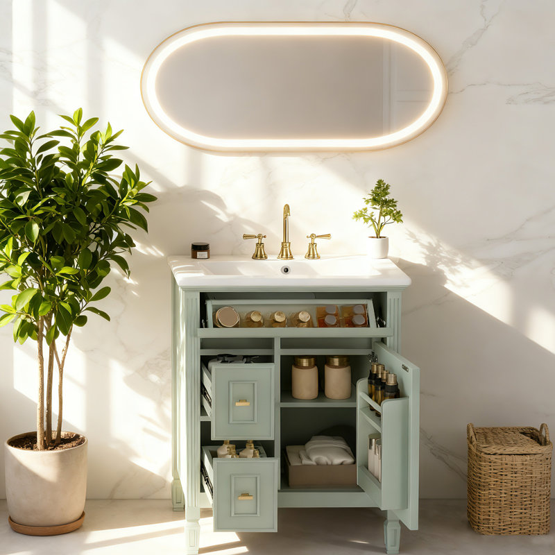 Meuble-lavabo autoportant de 24 pouces en bois massif et armoire en MDF avec tiroir rabattable, 2 tiroirs standards, Vert