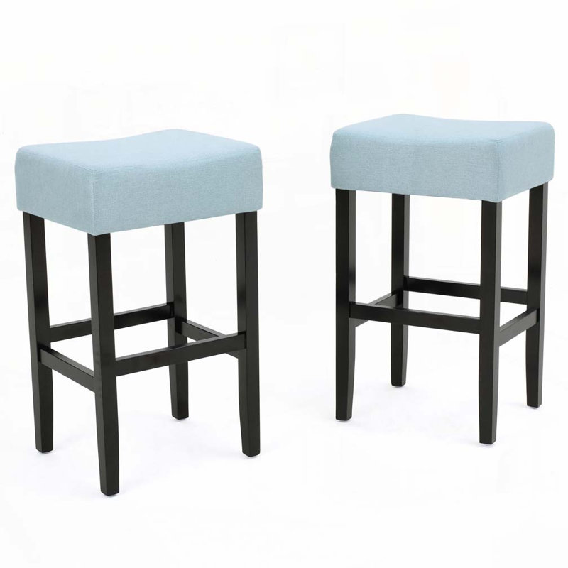 Fabric Upholstered Wood Bar stools Set with No Back, Light Blue