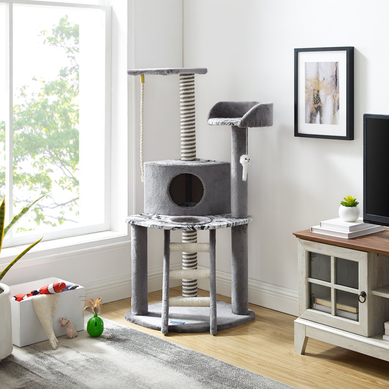 Gray Faux Fur Multi-Level Cat Tree with Hammock