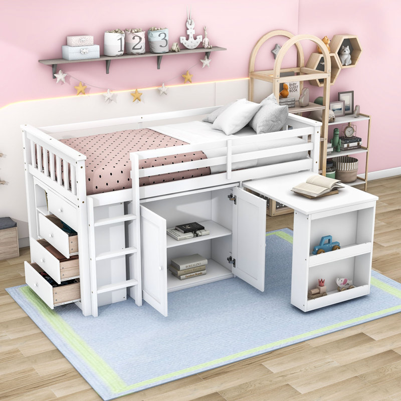 Lit mezzanine simple avec tiroir de rangement, tablettes, bureau et échelle, Blanc