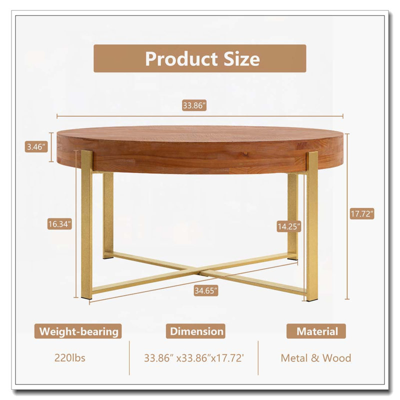 Table basse ronde, plateau en bois de sapin avec pieds en croix dorés, H 17,72 po x L 33,86 po x l 33,86 po, Doré