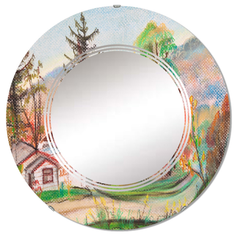 Maisons blanches dans la campagne - Miroir mural rond, 32 po x 32 po