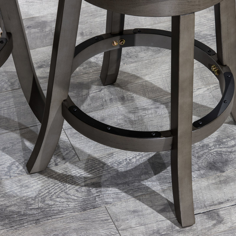 Counter Height Slat Back Stool With Swivel, Weathered Gray Finish, French Leather Sitting Swivel Design, Area