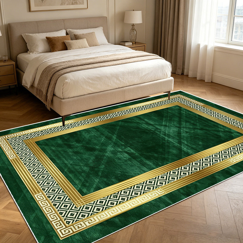 1PC emerald green gold vintage greek key geometric frame pattern area rugs, Soft and Comfortable, easy-to-maintain, machine washable Indoor floor mat, suitable for living room, bedroom, dining room, hallway, entryway, study room, home office, patio,