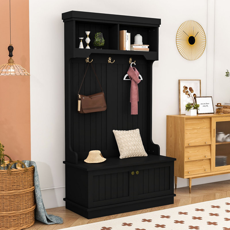 Modern Hall Tree with Seating Bench, Ample Storage, Black