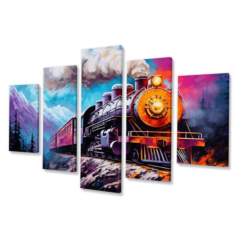 Steamtrain Travelling In Winter Snow, reproduction d'art sur toile - 5 panneaux