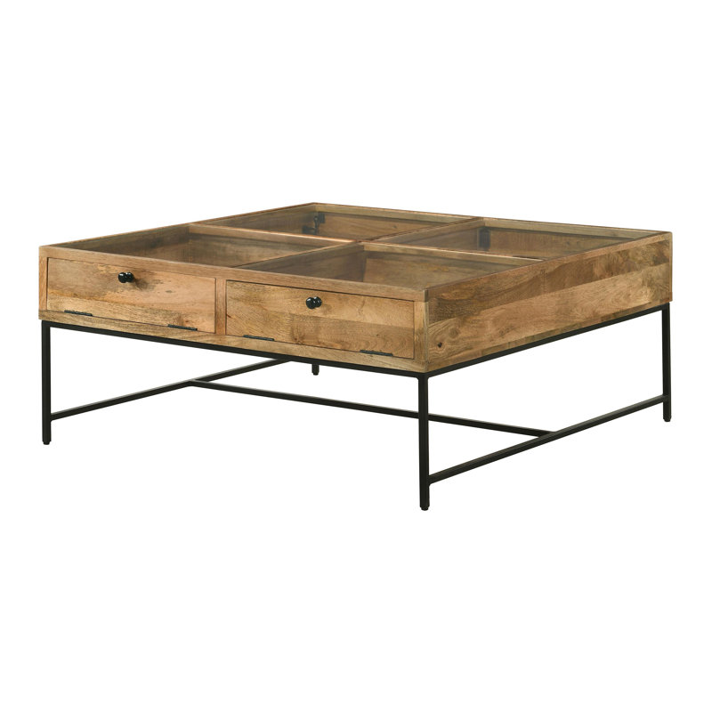 Table basse à 4 tiroirs et plateau carré en verre brun miel