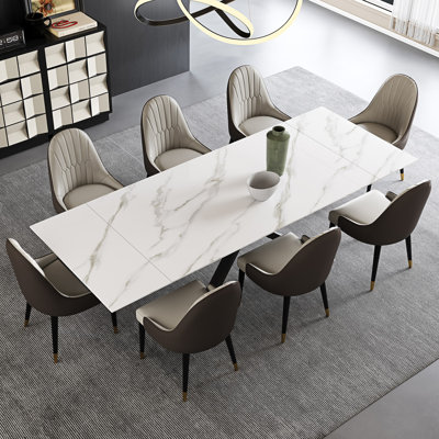 Kerius 9 - Piece 70.86" to 102.36" Extendable Rectangular Sintered Stone Dining Table with 8 Leather Chairs Dining Set by Corrigan Studio