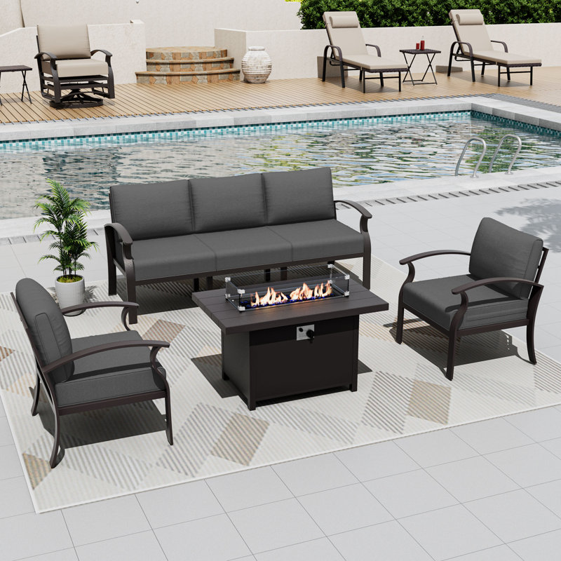 Outdoor Patio Aluminum 5-Person Conversation Set With LP Fire Pit Table&Glass Guard, Black