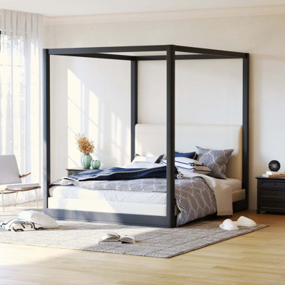 Wood Canopy Platform Bed with Upholstered Headboard