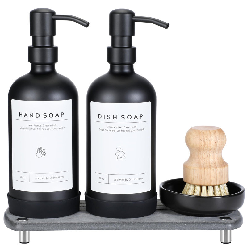 Kitchen Soap Dispenser Set - 16oz Glass Bottle, Black