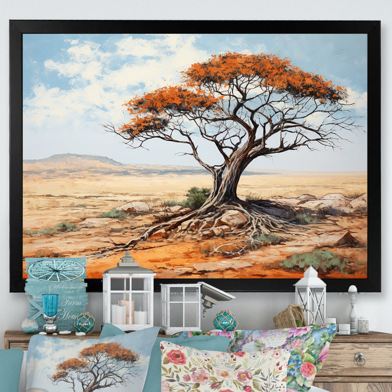 «African Desert Tree Survivor» - Art mural africain, Cadre d'angle fermé noir, H 12 po x l 20 po x P 1 po