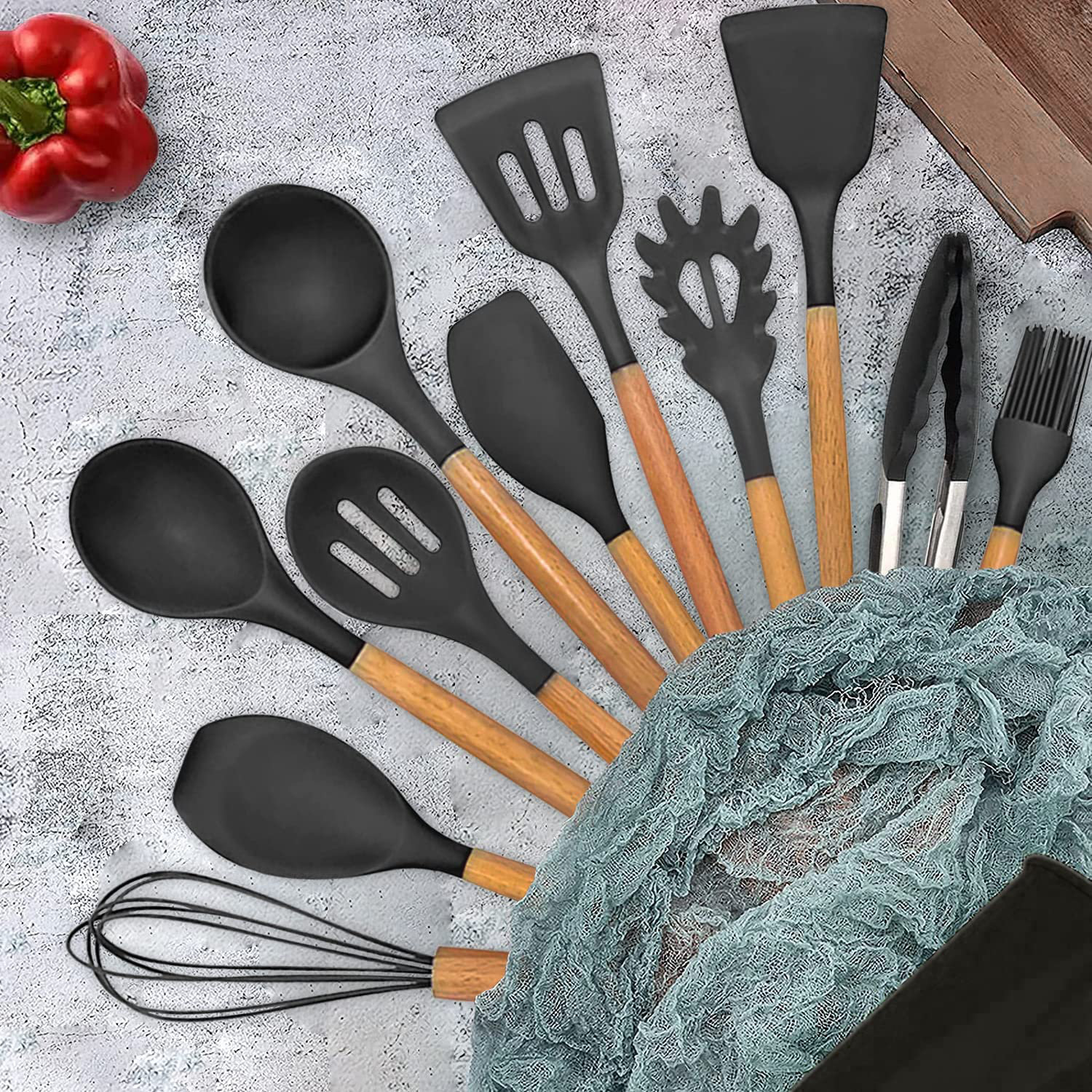 12-Piece Silicone Kitchen Cooking Utensils Set with Holder, Wooden Handle Utensils for Cooking, Kitchen Tools Include Spatula Turner Spoons Soup Ladle