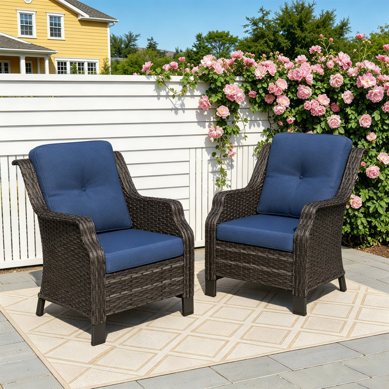 Winningham Outdoor Wicker Patio Lounge Chair with Cushions（Set of 2）, Navy