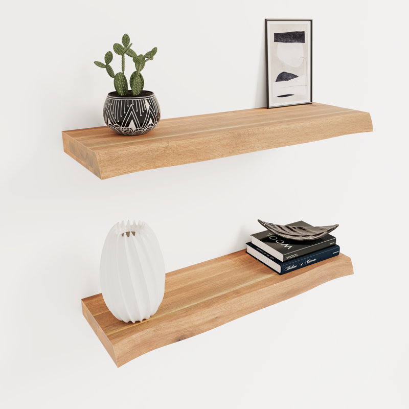 2 Pieces Acacia Solid Wood Live Edge Floating Shelves for Kitchen Wall Decor, Kitchen, Bathroom, Workspace, Mocha 24"x7.5"x1.5"