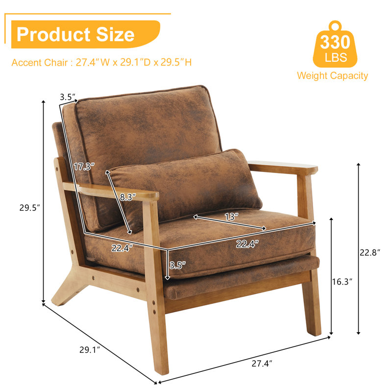 Lemley Upholstered Accent Chair With Wooden Legs And One Pillow, Brown Linen