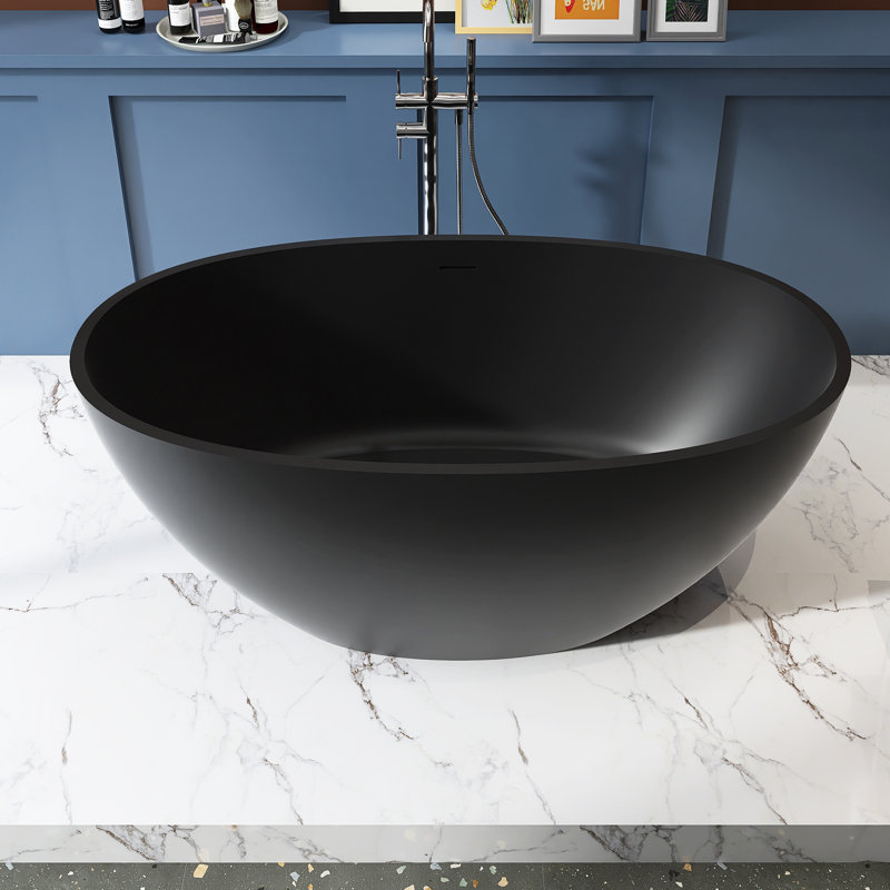 55 Inch Freestanding Solid Surface Soaking Bathtub, Black